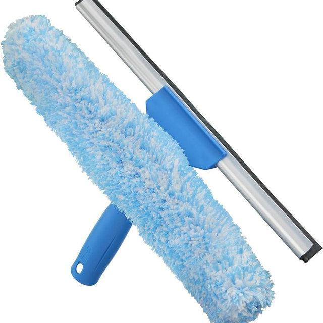 Unger Professional 2-in-1 Squeegee and Scrubber, 14” Window Cleaning Tool with Streak-Free Results, Commercial and Residential Use, Microfiber Sleeve to Clean without Scratching