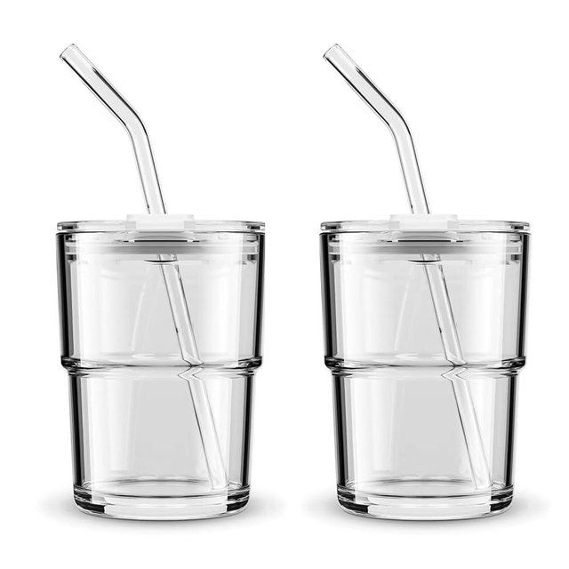 BLUEPOLAR 13oz/400ml Tumbler Water Glass, Iced Coffee Cups with Straw and Lid Sealed Carry on, Glass Coffee Mug Iced Tea Cup Thick Wall Insulated Glass Cup (white,2pack)