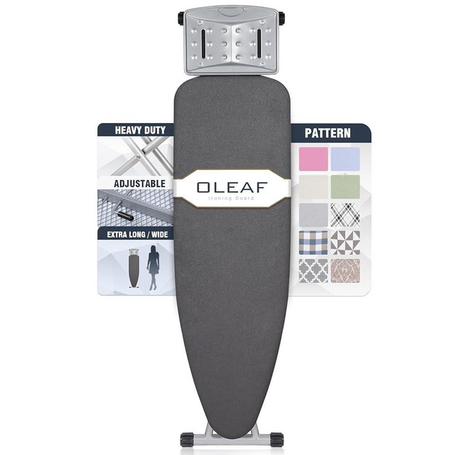 oleaf Ironing Board with Cover and Thicken Pad 43 x 13 Height Adjustable Full Size Foldable Iron Board with Iron Rest, Stable Steel Legs, Metal Construction, Heat Resistant, Dark Gray