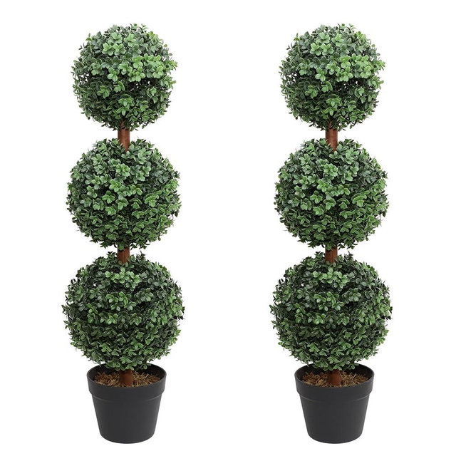 Artificial Topiary Ball Tree, 35inch Fake Topiaries Triple Ball Trees, HOLD NATURE 2Pack Faux Boxwood Plants Potted for Indoor Outdoor Decor (Set of 2)