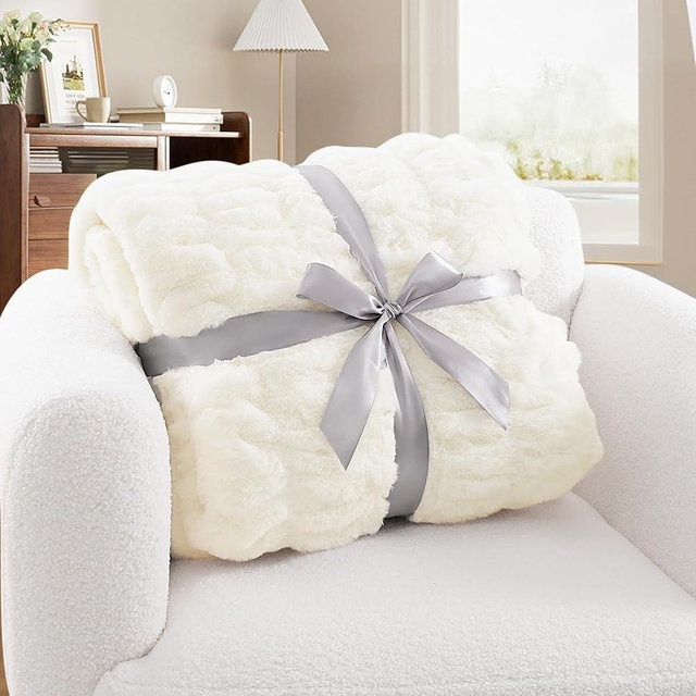 Tejoe Luxury Ruched Faux Rabbit Fur Throw Blanket - Ultra Soft & Cozy Gift, Plush Fuzzy Fluffy Blanket for Couch, Bed, Living Room Decor, 60"x80", Beige