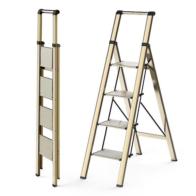 WOA WOA Step Ladder 4 Step Folding, Lightweight Portable Stepladder with Anti-Split Pedal, Ladders with Convenient Handgrip, Aluminum Step Stool for Library, Home, Kitchen - Gold