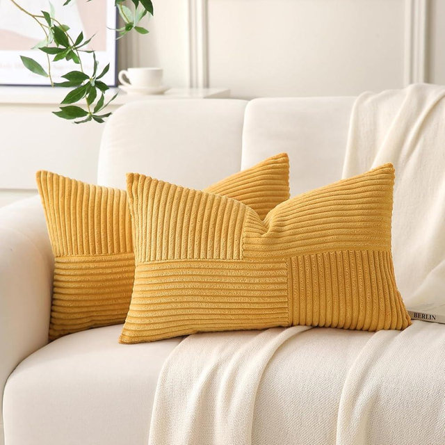 Yosodeko Yellow Lumbar Throw Pillow Covers 12x20 inch,Pack of 2 Soft Corduroy Cushion Covers with Patchwork Textured,Farmhouse Home Decor,Boho Decorative Cushion Case for Couch Sofa