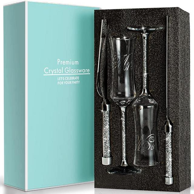 4 Pieces Wedding Champagne Flutes Glasses and Cake knife Server Set Print Mr and Mrs Wedding Reception Supplies Bride and Groom Toasting Flutes Cake Pie Server for Engagement or Wedding gift