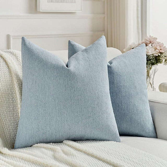 FUTEI Denim Blue Chenille Decorative Throw Pillow Covers 24x24 Inch Set of 2,Soft Cozy Faux Linen Textured European Pillow Shams,Farmhouse Home Decor for Couch Living Room