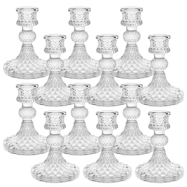 Sudifor Candlestick Holders Set of 12-4" H Crystal Taper Candle Holders, Thick Glass Candle Stand with Diamond Pattern for Table, Wedding, Party, Church Decoration, Home Decor