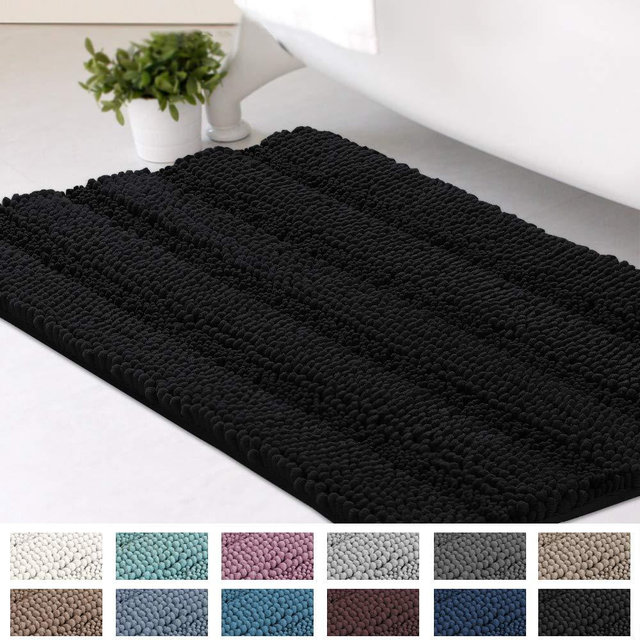 Bath Mats for Bathroom Non Slip Luxury Chenille Striped Bath Rugs 20x32 Absorbent Non Skid Fluffy Soft Shaggy Rugs Washable Dry Fast Plush Area Carpet Mats for Indoor, Bath Room, Tub - Jet Black