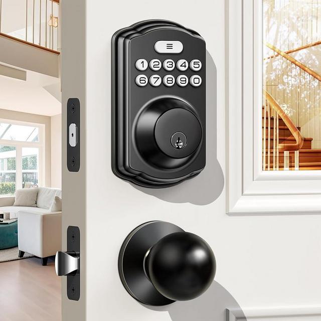 Veise Keyless Entry Door Lock with 2 Door Knobs - Keypad Door Lock with Handle, Front Door Lock Set, Electronic Keypad Deadbolt Smart Lock, Auto Lock, Easy Installation, Matte Black
