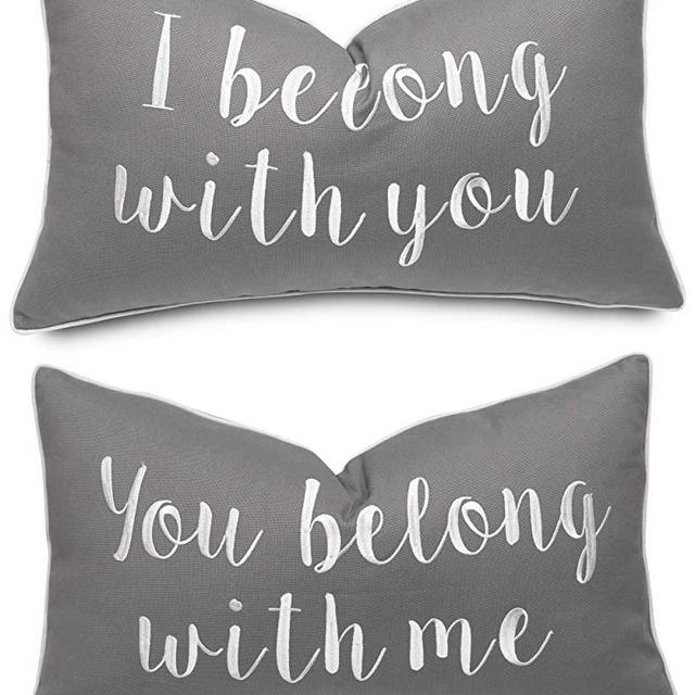 Rudransha I Belong You Belong Set of 2 pcs Cotton Embroidered Decorative Oblong Throw Pillowcase - Couple Bedroom, Gift for Wedding, Anniversary - 12x20, Medium Grey