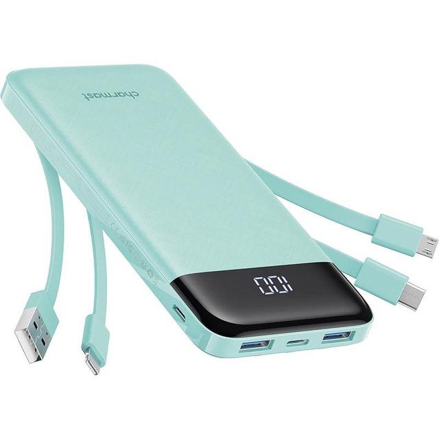 Portable Charger with Built in Cables, Portable Charger with Cords Wires Slim 10000mAh Travel Battery Pack 6 Outputs 3 Inputs 3A Fast Charging Power Bank for Samsung Google Pixel LG Moto iPhone iPad