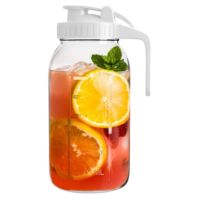 Glass Mason Jar Pitcher, 64 oz Wide Mouth Jug with Pour Spout Handle Lid for Cold Brew Coffee, Ice Beverage, Iced Juice, Lemonade, Sun Tea, Fruit Drinks Container（White）