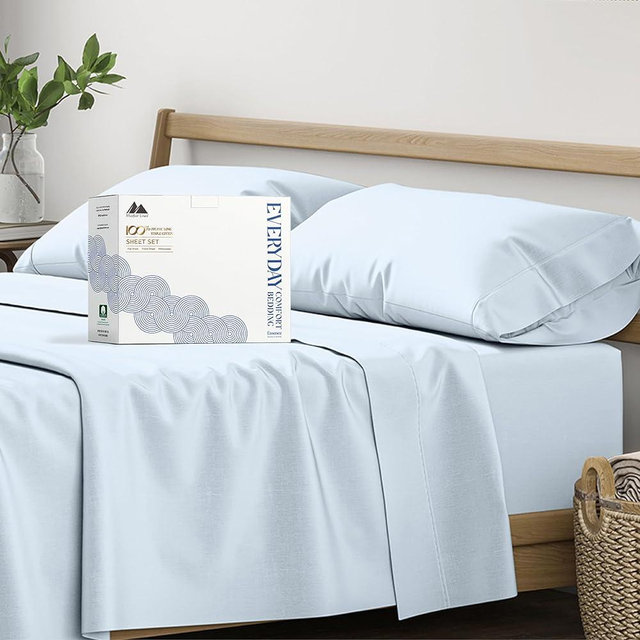 Mayfair Linen 100% Organic Cotton Sheets Queen Size - 4 PC Organic Cotton Queen Size Percale Weave Sheet Set, Soft, Cooling, Crisp & Breathable, 16" Deep Pocket Hotel Quality Bedding Set - Light Blue