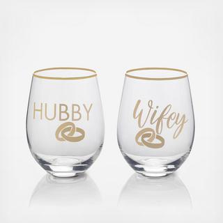 Hubby & Wifey Stemless Wine Glass, Set of 2