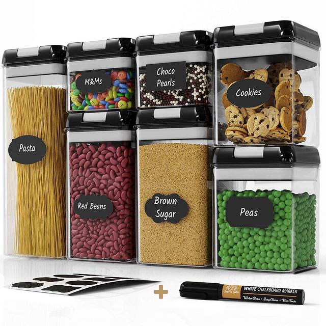 Chef's Path Airtight Food Storage Container Set - 7 PC Set - 10 FREE Chalkboard Labels & Marker - BEST Kitchen & Pantry Containers - BPA Free - Clear Plastic Canisters with NEW Durable Lids