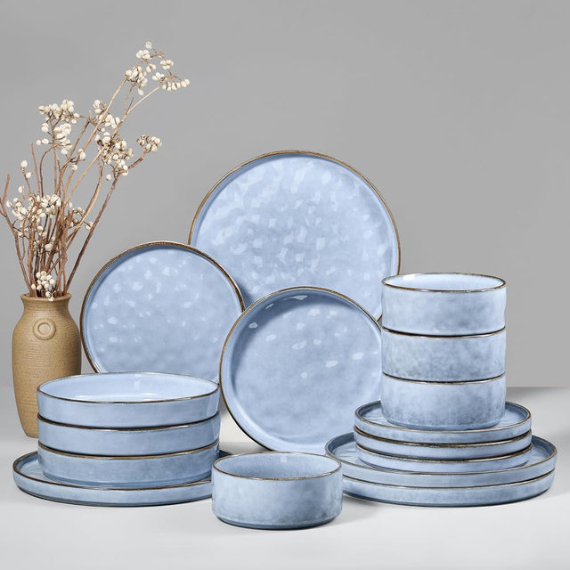 HaWare Dinnerware Sets, 16-Piece Plates and Bowls Set, Stoneware Dish Set for 4, Ceramic Dishware Set for Pasta Cereal, Chip and Scratch Resistant, Microwave and Dishwasher Safe, Reactive Blue