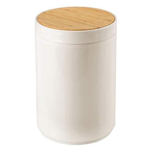 mDesign Small Round Plastic Trash Can Wastebasket, Garbage Container Bin with Bamboo Swing Top Lid - for Bathrooms, Kitchens, Home Offices - 1.3 Gallon/5 Liter - Cream/Natural Wood Finish