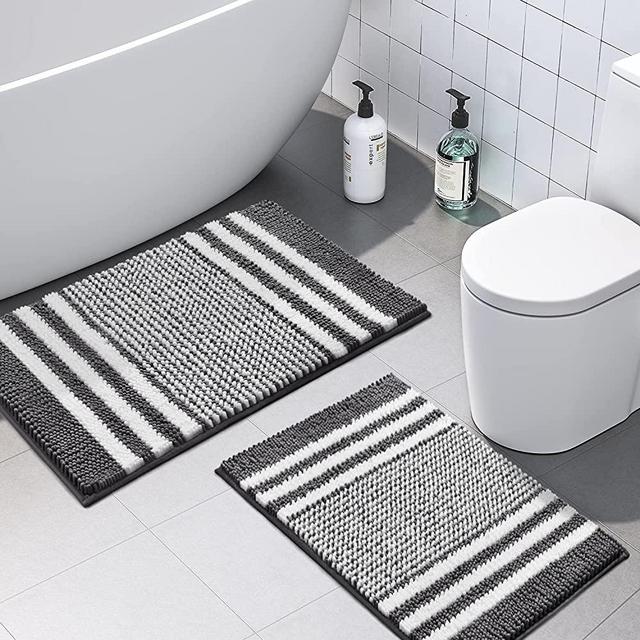 Bathroom Rugs Set 2 Piece, Extra Soft and Absorbent Fluffy Striped Chenille Bath Mat Rug Set, Non Slip Bathroom Floor Mat, Machine Washable (20" x 32" Plus 16" x 24", Dark Gray)