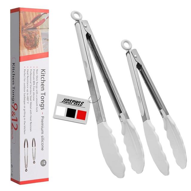 JIDSPWLS Premium Stainless Steel Heat Resistant Kitchen Tongs for cooking,set of 9" and 12" (White),Non Scratch Silicone cooking Tong Tip for Cooking Pans,Strong Grip BBQ tongs for Grabbing Hot Food