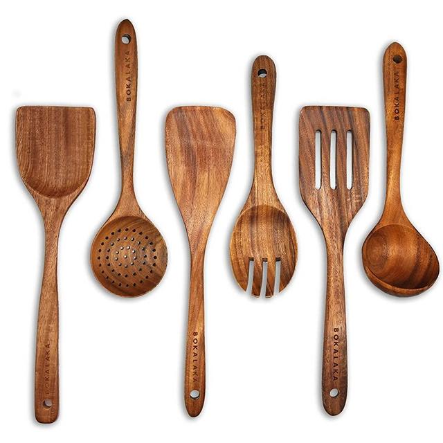 BOKALAKA Wooden Spoons for Cooking, Wooden Utensils for Cooking 7 Pcs  Natural Teak Wooden Kitchen Utensils Set Wooden Cooking Utensils