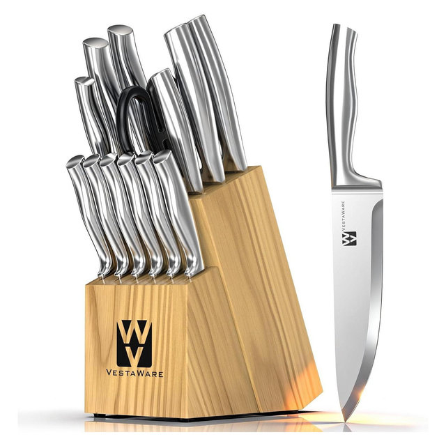 14-Piece Knife Set with Natural Wood Block, Stainless Steel Kitchen Knife Block Set with Ergonomic Handles, Includes Steak Knives, Dishwasher Safe