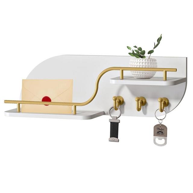 Karisky Key Holder for Wall, Modern Decorative Key and Mail Holder with 2 Floating Shelves, Wood Wall Mounted Key Organizer with 3 Gold Metal Key Hooks for Home Entryway, White