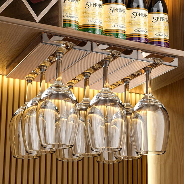 DESONAUT 4 Pcs Wine Glass Holder Under Cabinet,Plastic Stemware Rack Punch-free Hanger Under Counter for Bar,Kitchen and Restaurant(Brown)