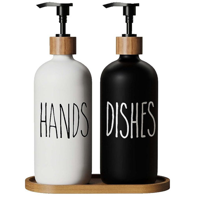 Soap Dispenser,Dish Soap Dispenser for Kitchen Sink.Glass Hand Soap Dispenser, Modern Farmhouse Decor Dish Soap Dispenser for Bathroom,Kitchen Sink Decor (Black White & Wood Tray)