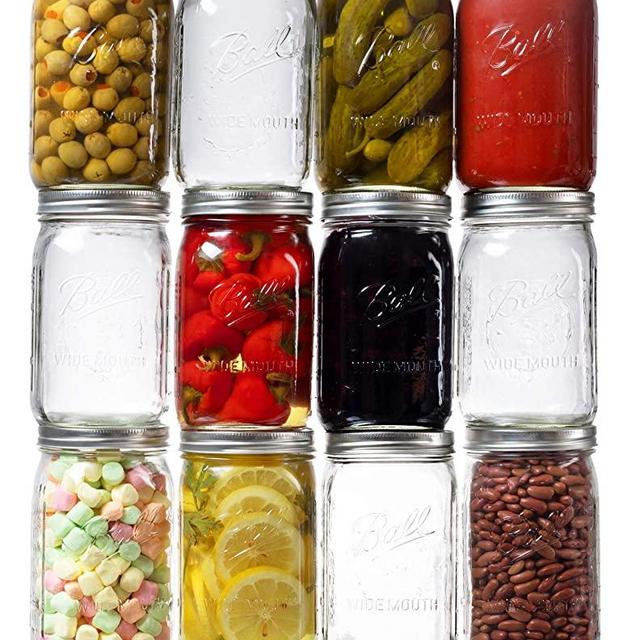 Ball Wide Mouth Mason Jars 32 oz. (12 Pack) - Quart Size Jars with Airtight Lids and Bands for Canning, Fermenting, Pickling, or DIY Decors and Projects - Bundled with Peaknip Jar Opener