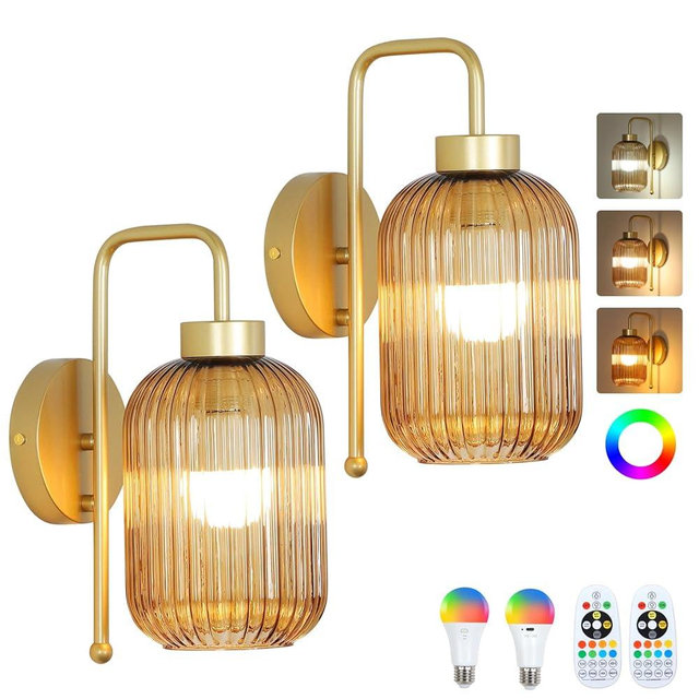 LAMSU Vintage Gold Wireless Wall Sconces Battery Operated, Rechargeable Wall Lights Set of 2 with Amber Stripe Glass Shade, Remote and Bulb, Cordless Sconces Wall Decor for Bedroom Living Room
