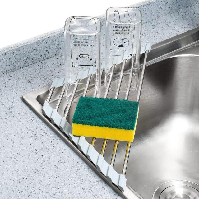 Tomorotec Triangle Roll-Up Dish Drying Rack for Sink Corner Small Foldable Stainless Steel Over The Sink Multipurpose Kitchen Drainer Caddy Organizer Storage Space Saver Shelf Holder (Gray)