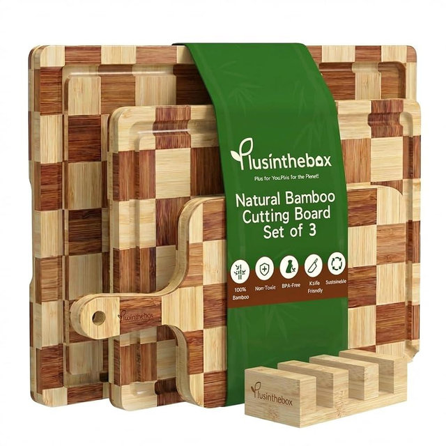 Bamboo Cutting Board Set of 3 for kitchen Checkered End Grain Wood Chopping Boards with Storage Stand & Deeper Juice Grooves | Wooded Butcher Block for Meat, Cheese, Charcuterie & Kitchen Prep