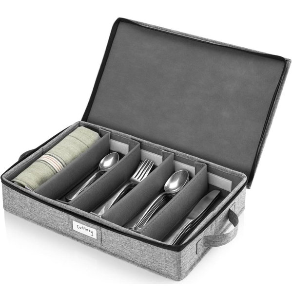 Flatware Storage Case with 5 Adjustable Compartments - Tableware Utensil Chest with Carrying Handles - Protects and Organizes Cutlery and Silverware - Hard Shell and Stackable
