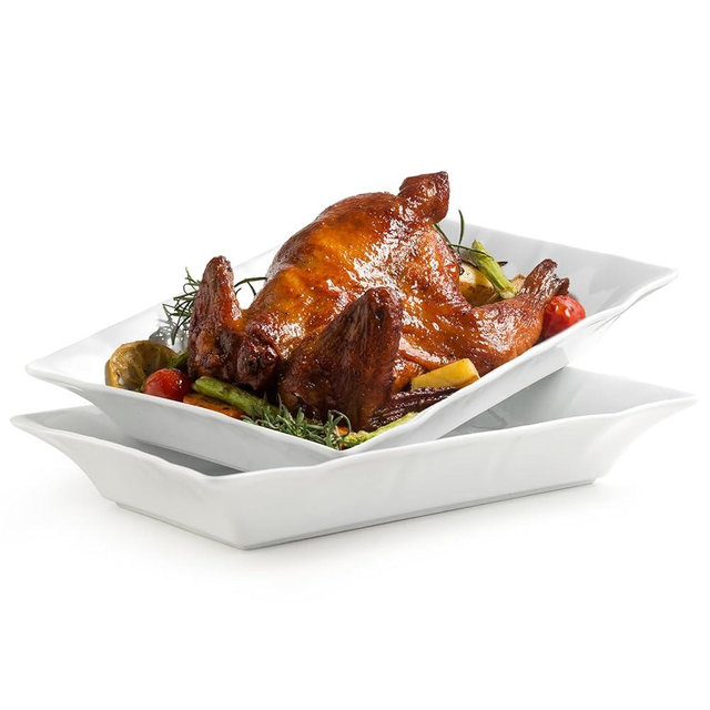 YHOSSEUN Turkey Platters for entertaining Serving Bowls Set of 2, Ceramic Serving Dishes for Thanksgiving, White Serving Platter for Turkey, Rectangular Baking Dishes and Roasting Pan