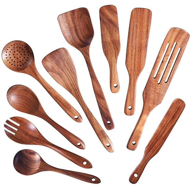 Wooden Spoons for Cooking,GUDAMAYE 10 PCE Wooden Kitchen Utensils Set,Wooden Cooking Utensils For Non-stick Pan,Wooden Utensils for Cooking,Wooden Spurtles Set, Spurtles Kitchen Tools As Seen On Tv