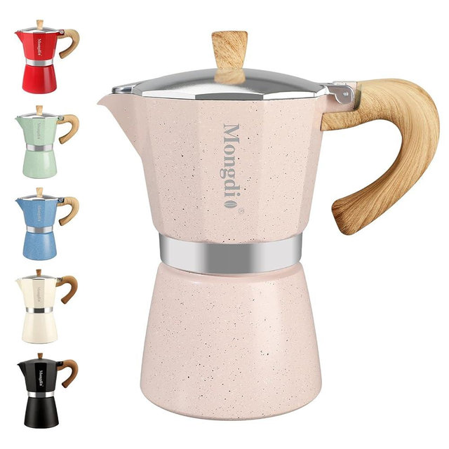 Mongdio Stovetop Espresso Maker Moka Pot, Cuban Coffee Maker Stove top coffee maker Moka Italian Espresso Greca Coffee Maker Brewer Percolator, 6 Espresso Cups, 10 oz - Pink