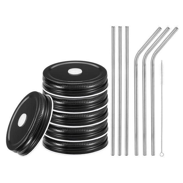 uxcell 13pcs Stainless Steel Mason Jar Lids with Straw Hole, 70mm Metal Canning Lid Mason Storage Covers Caps with Silicone Ring/Straws/Cleaning Brush Black