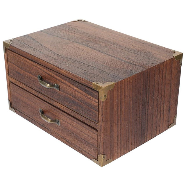 Alipis Wooden Desk Organizer, Wood Desktop Storage Cabinet Desk Drawer Organizer Vintage Treasure Box with Metal Handle for Home Office Counter Decor A
