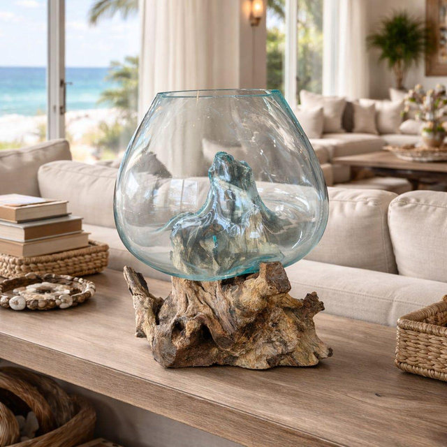 Hand Blown Glass on Driftwood, Organic Coastal Sculpture, Unique Art Object, Terrarium Decor