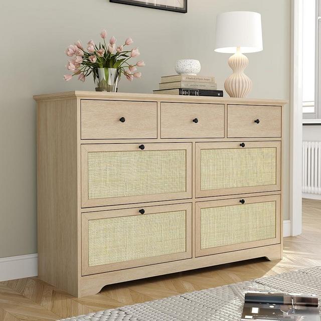 7 Drawers Natural Rattan Dresser for Bedroom, Mid Century Modern Dresser Wooden Cane Dressers with Elegant Tabletop, Boho Drawer Dresser TV Stand with Sturdy Base for Living Room, Kids Room, Nursury