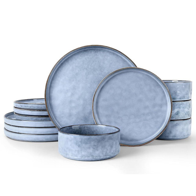 LIANYU Dinnerware Dish Sets for 4, 12 Piece Stoneware Plates and Bowls Sets, Kitchen Dinner Set for Dessert Salad Pasta, Microwave & Dishwasher Safe, Serenity Blue