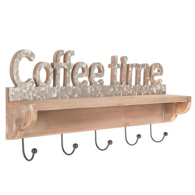 Coffee Time Wood Wall Shelf With Hooks