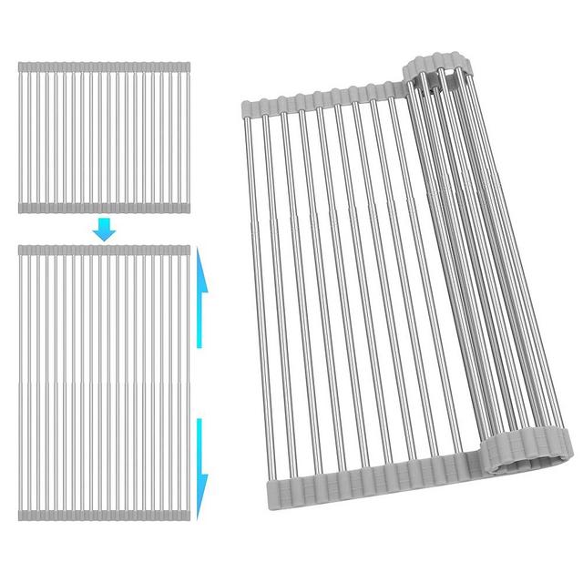 romise Roll Up Dish Drying Rack, Adjustable Over Sink Dish Drying Rack for Kitchen, 10"-20" Foldable Sink Rack to Dry Dishes & Drain Items, Stainless Steel Over Sink Cover Drying Mat