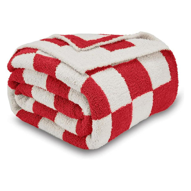 CozeCube Super Soft Fullfy Microfiber Reversible Knitted Blankets, Warm Cozy Fuzzy Plush Throw, Christmas red and White Checkered Throw Blanket for Couch Bed Sofa, 50" x 60"
