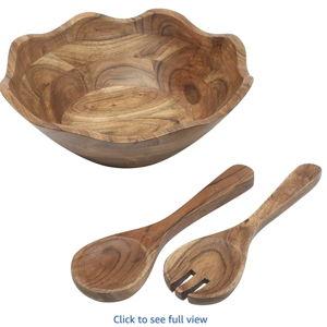 Gibson Home Sandhurst 3-Piece Acacia Wood Salad Bowl Set – 12-Inch Scalloped Serving Bowl with Wooden Salad Servers – Natural Rustic Finish for Dining, Entertaining, or Gifting