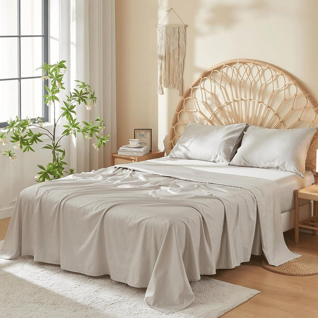 DOZ 100% Long Staple Cotton Sheet Sets, Soft Sateen Weave Cotton, Smooth, Breathable, Cooling Sheets, Hotel Comfort, Durable, 4pc – 2 Pillowcases 1 Fitted 1 Flat (Dove, King)