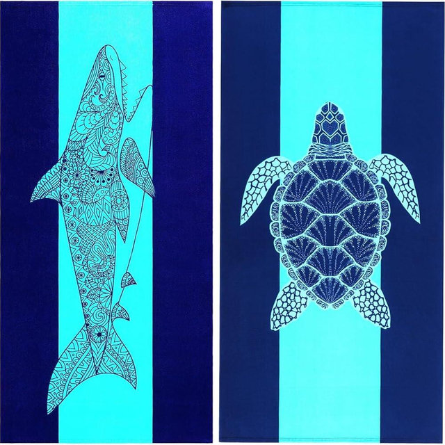 Genovega 2 Packs Oversized Beach Towel Set 36 x 72 in Large Big Pool Camping Swim Clearance Soft Towels Travel Essentials Accessories Must Haves Vacation Necessities Adult Gifts Shark Turtle