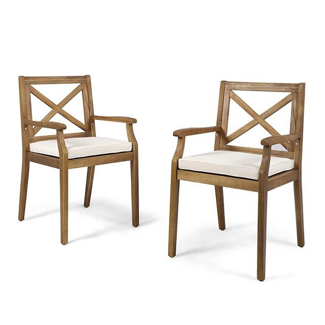 Christopher Knight Home 304680 Peter | Outdoor Acacia Wood Dining Chair Set of 2, Teak/Cream Cushion