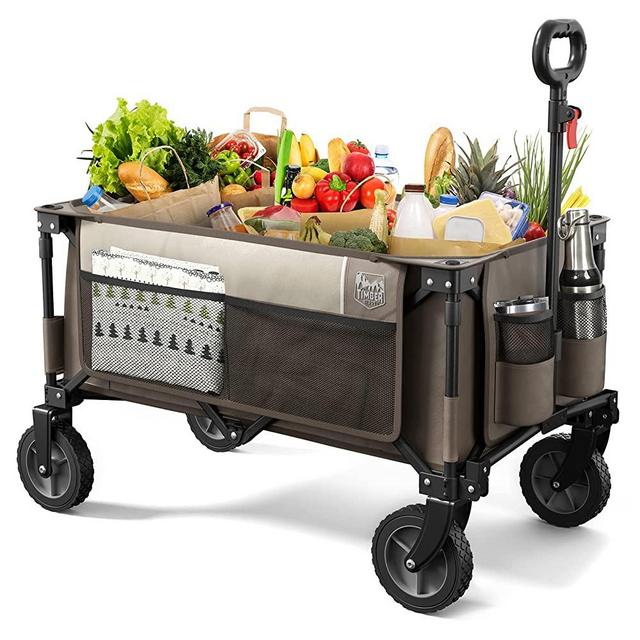 TIMBER RIDGE Folding Utility Wagon, Heavy Duty Foldable Garden Cart with Side Pocket and Cup Holders, Collapsible Wagon Cart for Garden, Sports, Shopping and Camping, Tan