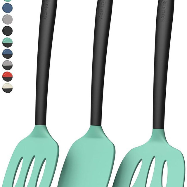 Coukre 3 Pack Silicone Spatula Set, High Heat Resistant, BPA-Free, Fish Spatula, Solid & Slotted Turner for Non-Stick Pans, Flipping Eggs, Pancakes, Fish, Burgers (3, AquaGreenBlack)