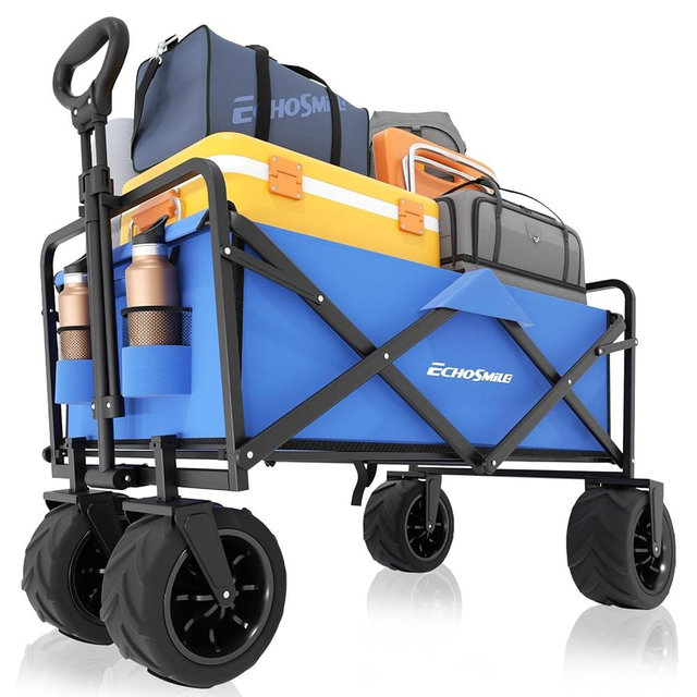 EchoSmile Heavy Duty 350 Lbs Capacity Collapsible Wagon, Outdoor Folding Camping Grocery Portable Utility Cart, Adjustable Rolling Carts, All Terrain Sports Wagon with Big Wheels (Blue-Arrow)